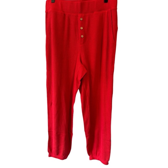 Eberjey Cozy Waffle Henley Short Sleeve Long PJ Set Red Medium Pajamas - Picture 9 of 11